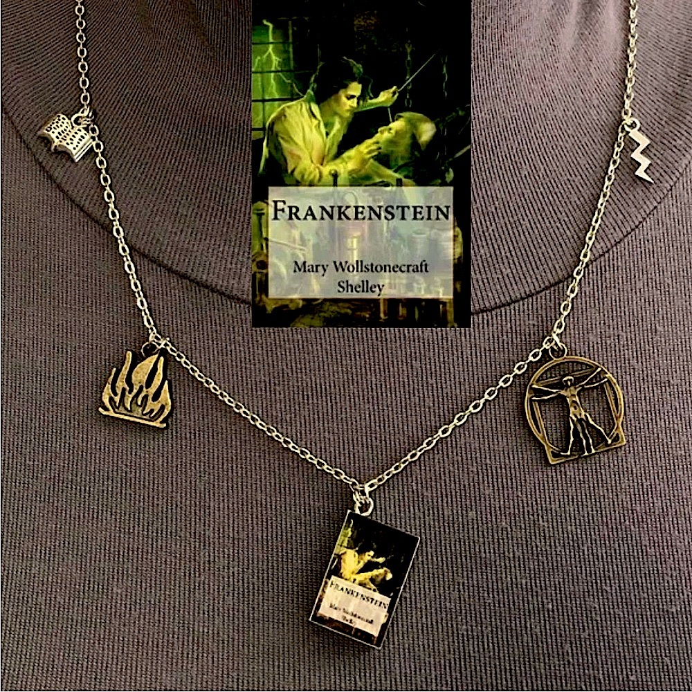 Frankenstein by Mary Shelley Handmade Novel Literature Necklace, Book Cover Fire